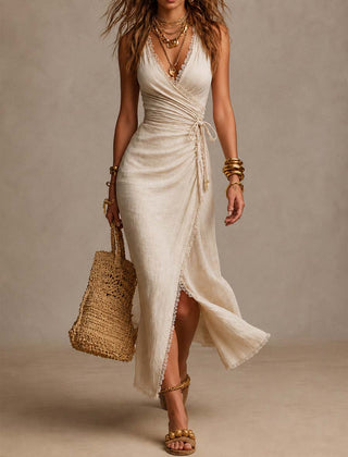 Noémie™ Crossover Midi Dress with Ruffle Trim
