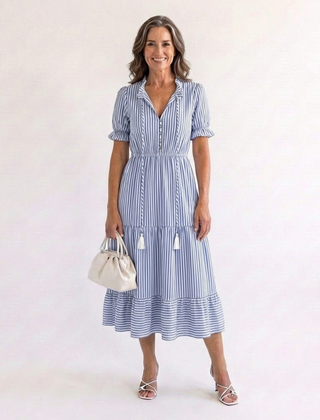 Dakota™ Short Sleeve Striped Tiered Midi Dress