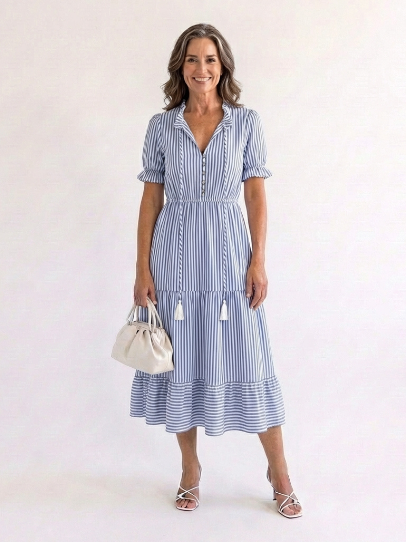 Dakota™ Short Sleeve Striped Tiered Midi Dress