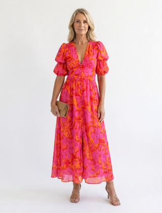 Willow™ Floral V Neck Puff Sleeve Midi Dress