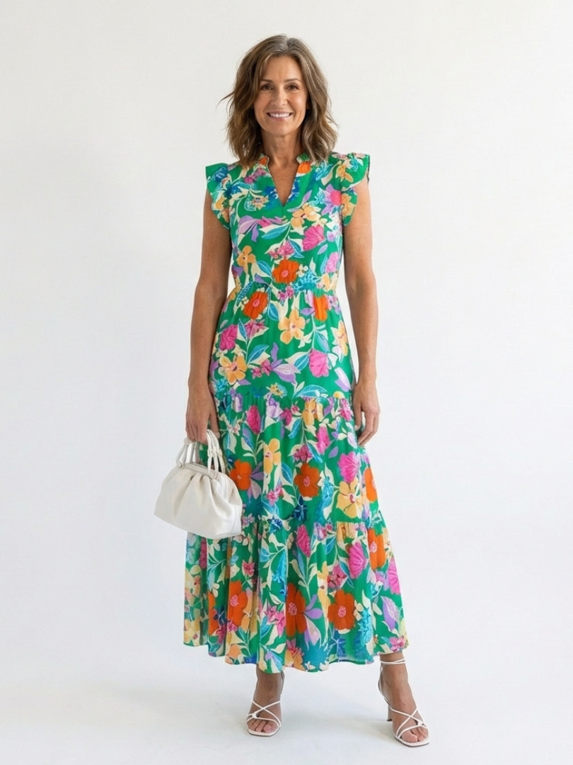 Lila™ Floral V-Neck Tiered Midi Dress