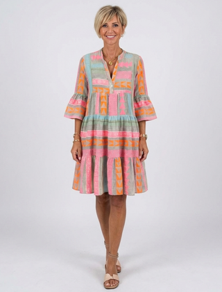 Maelle™ Geometric Print V Neck Tiered Knee Length Dress