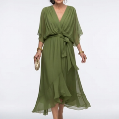 Elysia™ V Neck Draped Waist Tie Midi Dress