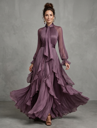 Demetria™ Tie Neck Ruffle Tiered Maxi Dress