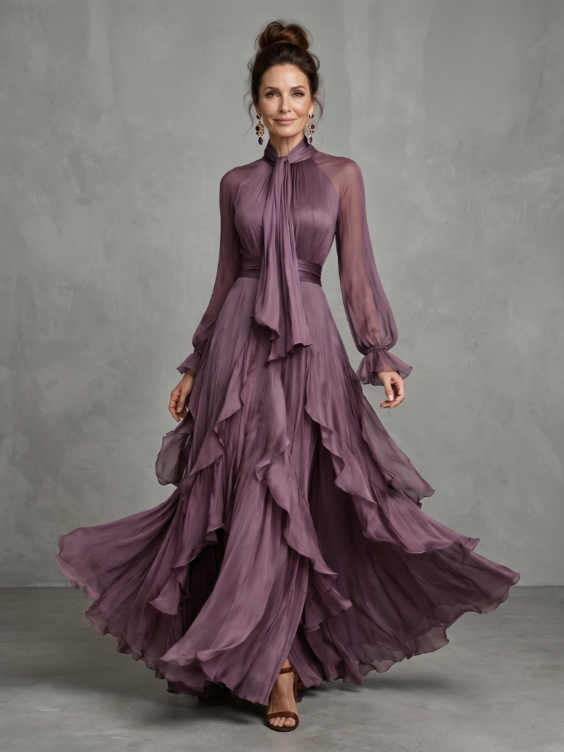 Demetria™ Tie Neck Ruffle Tiered Maxi Dress