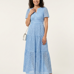 Brielle™ V Neck Short Sleeve Tiered Midi Dress