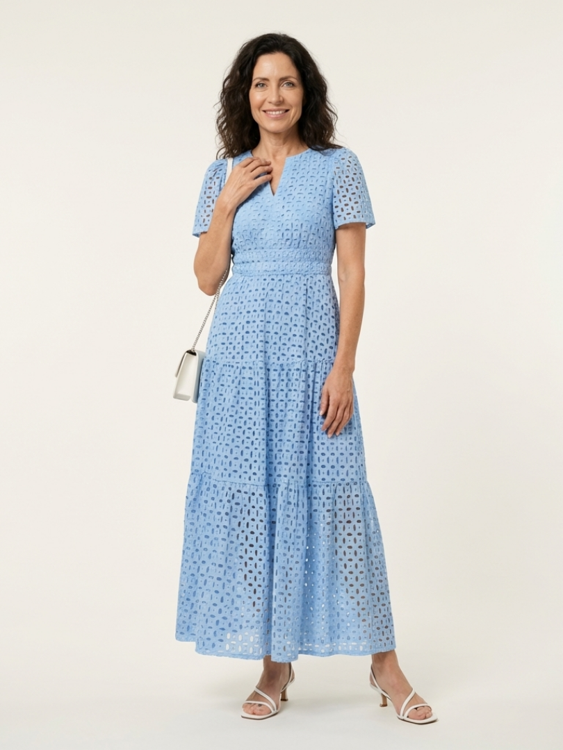 Brielle™ V Neck Short Sleeve Tiered Midi Dress