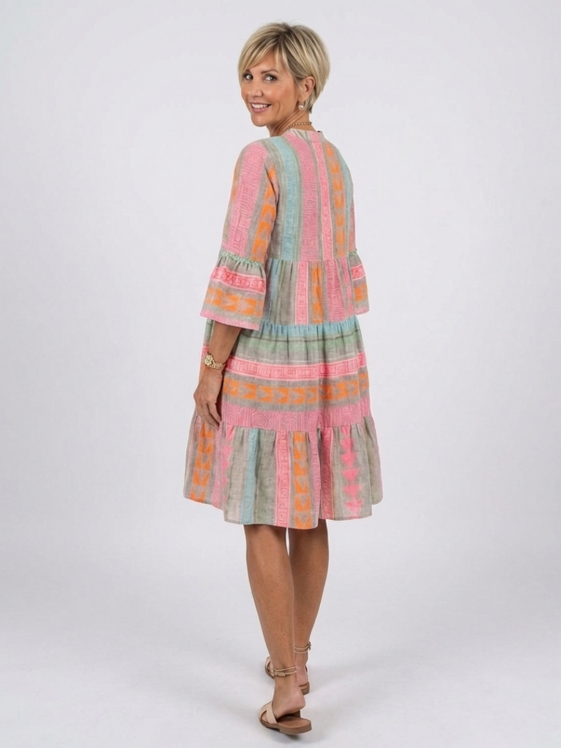 Maelle™ Geometric Print V Neck Tiered Knee Length Dress