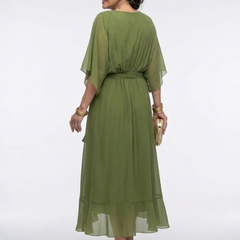 Elysia™ V Neck Draped Waist Tie Midi Dress