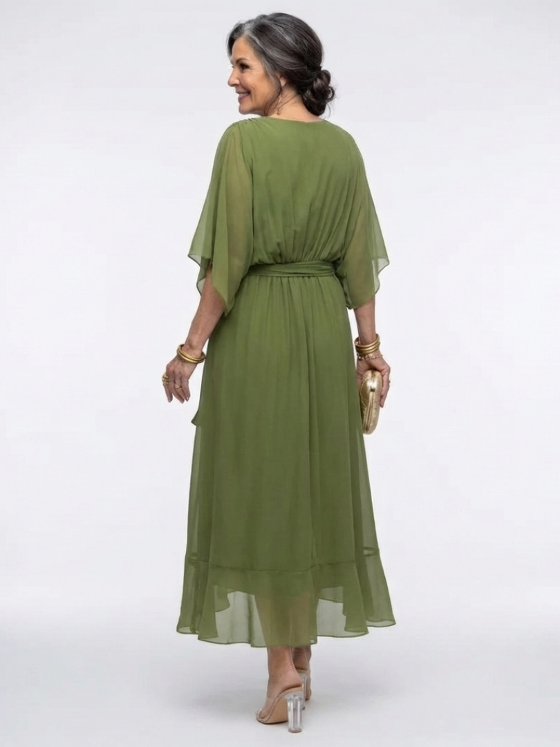 Elysia™ V Neck Draped Waist Tie Midi Dress