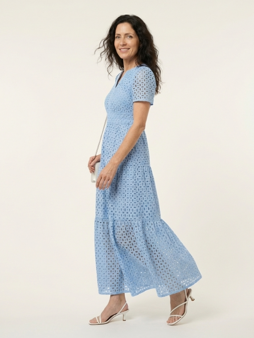 Brielle™ V Neck Short Sleeve Tiered Midi Dress