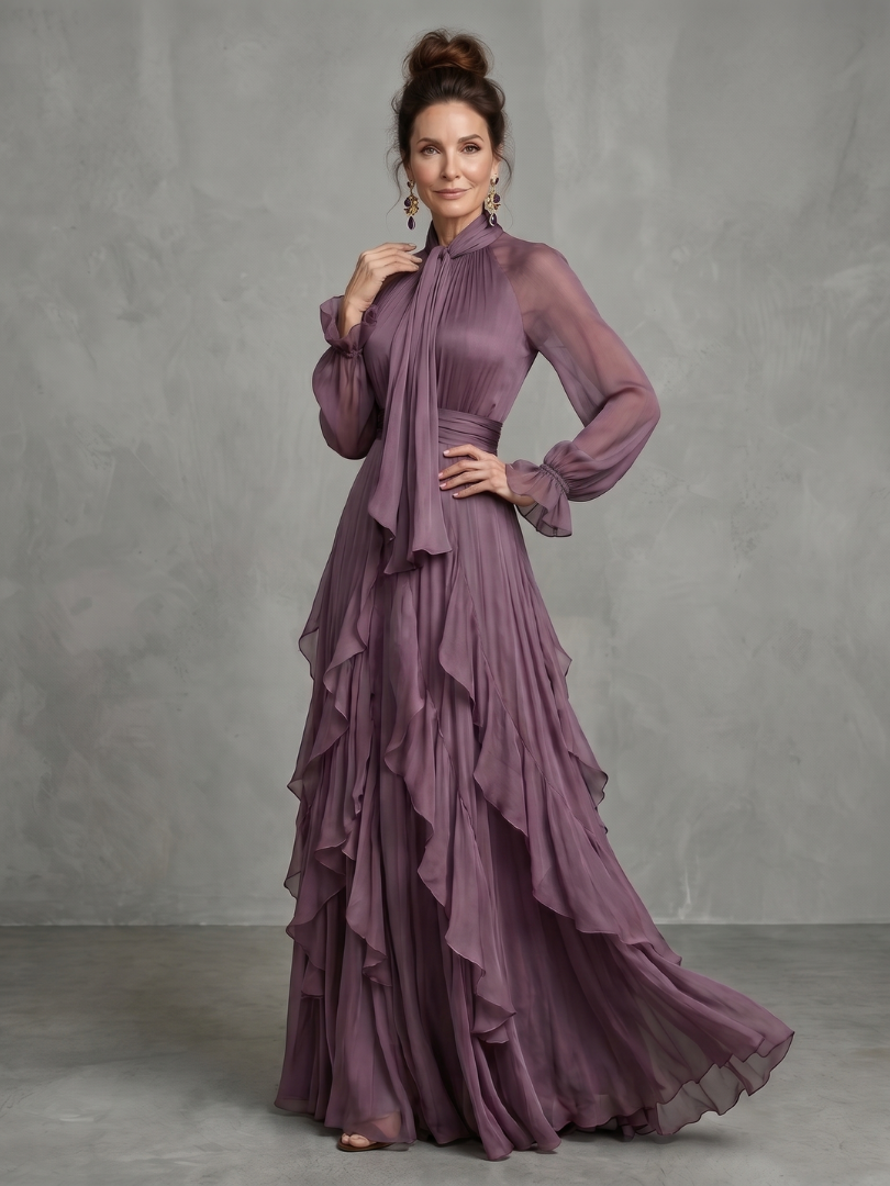Demetria™ Tie Neck Ruffle Tiered Maxi Dress