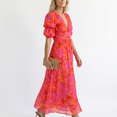 Willow™ Floral V Neck Puff Sleeve Midi Dress