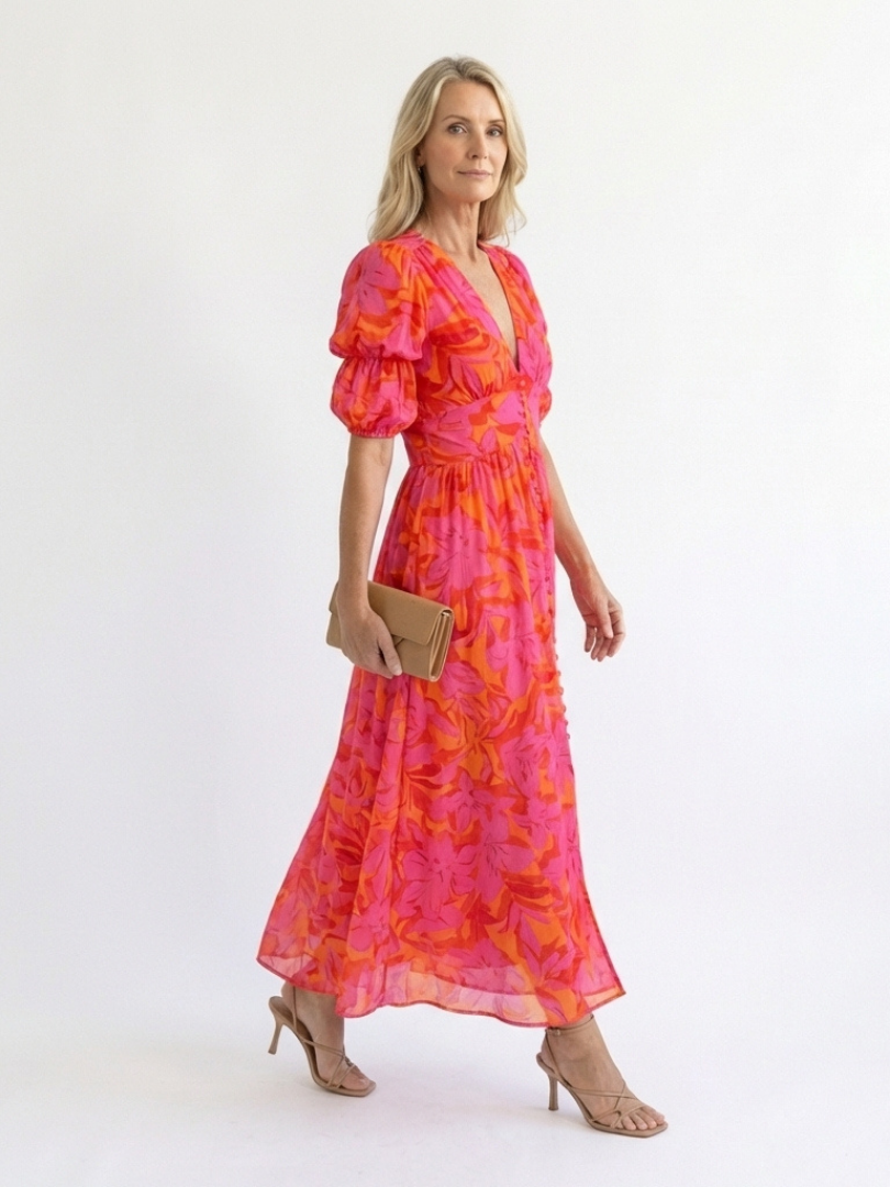 Willow™ Floral V Neck Puff Sleeve Midi Dress