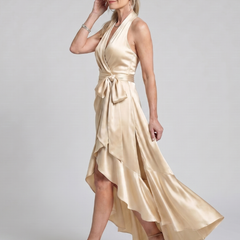 Honora™ Halter Neck Wrap Asymmetric Hem Midi Dress