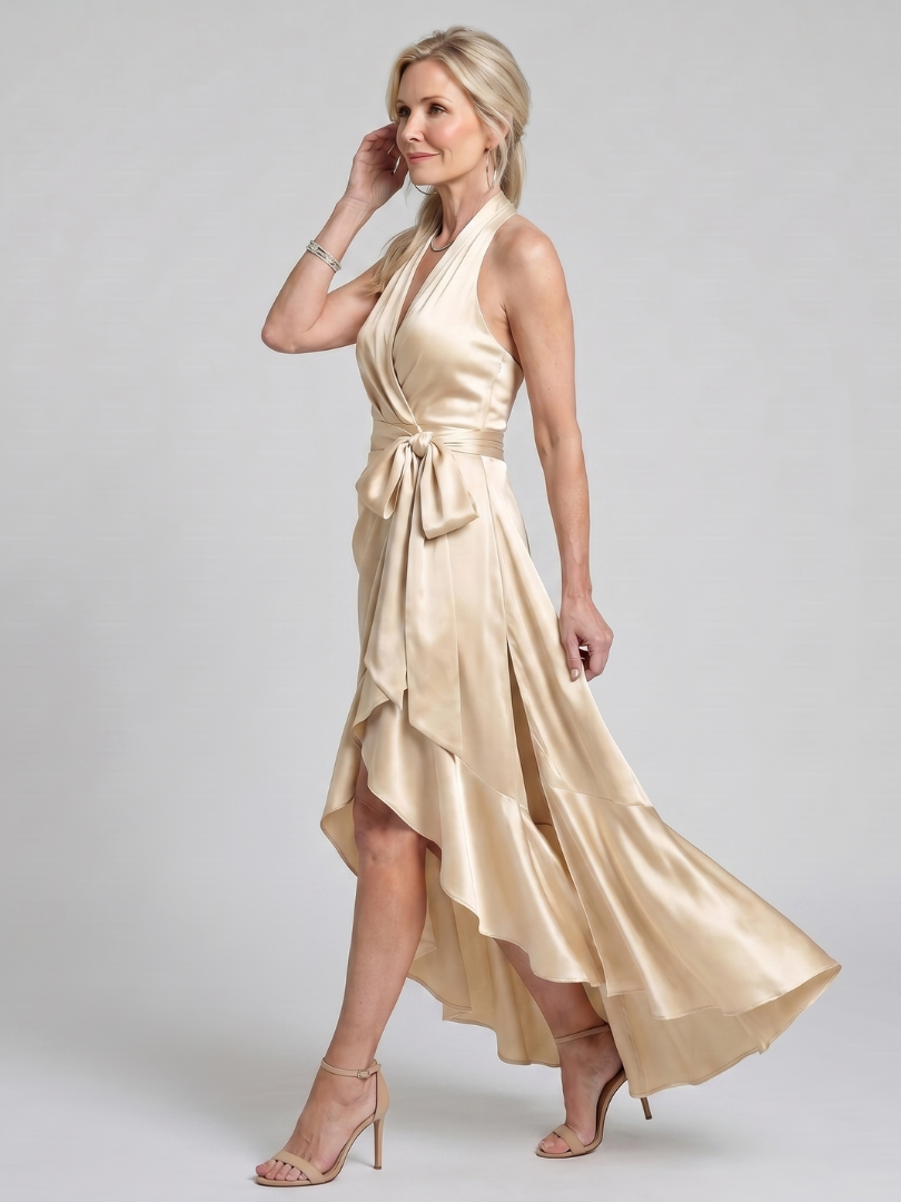 Honora™ Halter Neck Wrap Asymmetric Hem Midi Dress