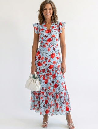 Lila™ Floral V-Neck Tiered Midi Dress