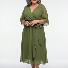Elysia™ V Neck Draped Waist Tie Midi Dress