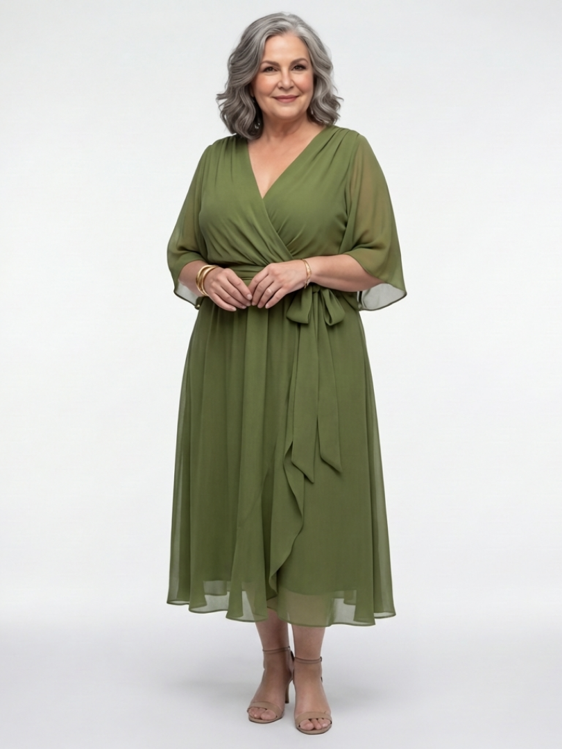 Elysia™ V Neck Draped Waist Tie Midi Dress