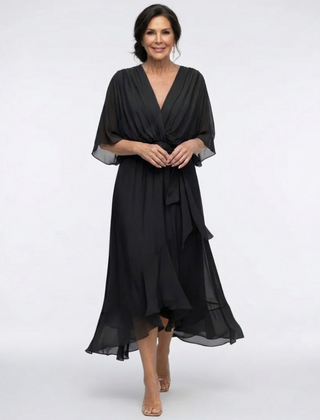 Elysia™ V Neck Draped Waist Tie Midi Dress