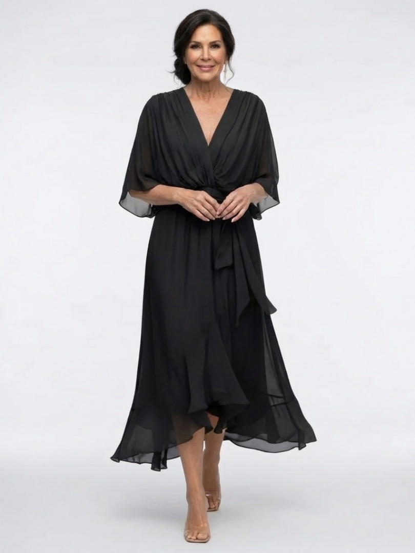 Elysia™ V Neck Draped Waist Tie Midi Dress