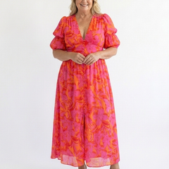 Willow™ Floral V Neck Puff Sleeve Midi Dress