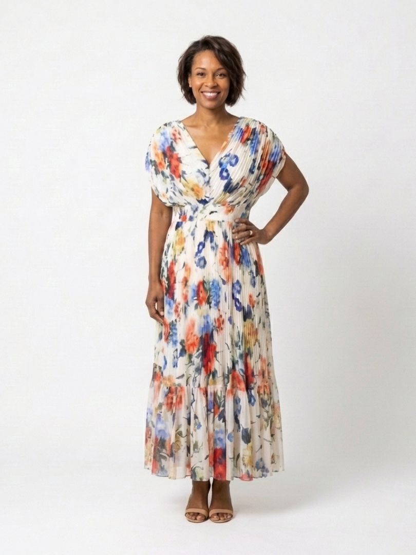 Savannah™ Short Sleeve Pleated Floral Midi Dress
