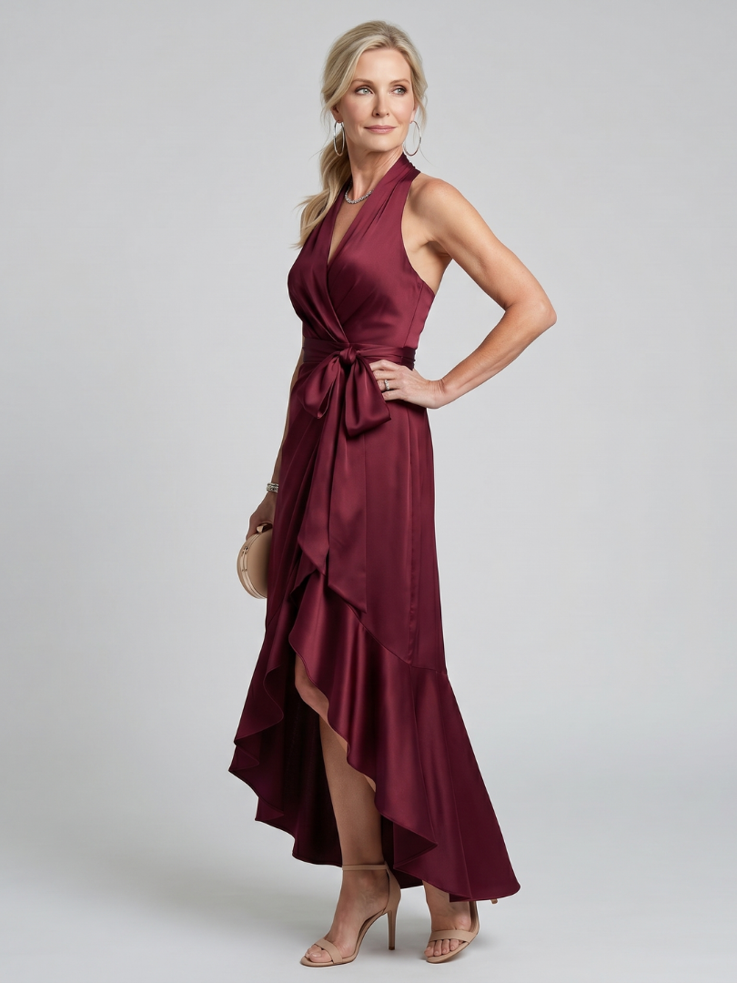 Honora™ Halter Neck Wrap Asymmetric Hem Midi Dress