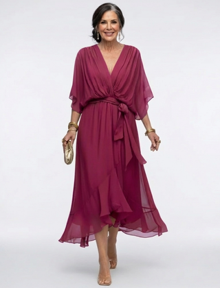 Elysia™ V Neck Draped Waist Tie Midi Dress