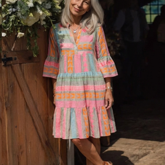 Maelle™ Geometric Print V Neck Tiered Knee Length Dress