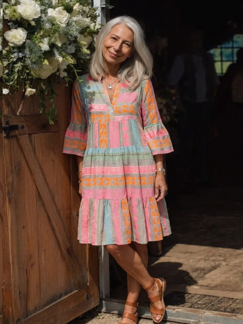 Maelle™ Geometric Print V Neck Tiered Knee Length Dress
