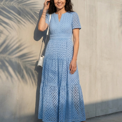 Brielle™ V Neck Short Sleeve Tiered Midi Dress