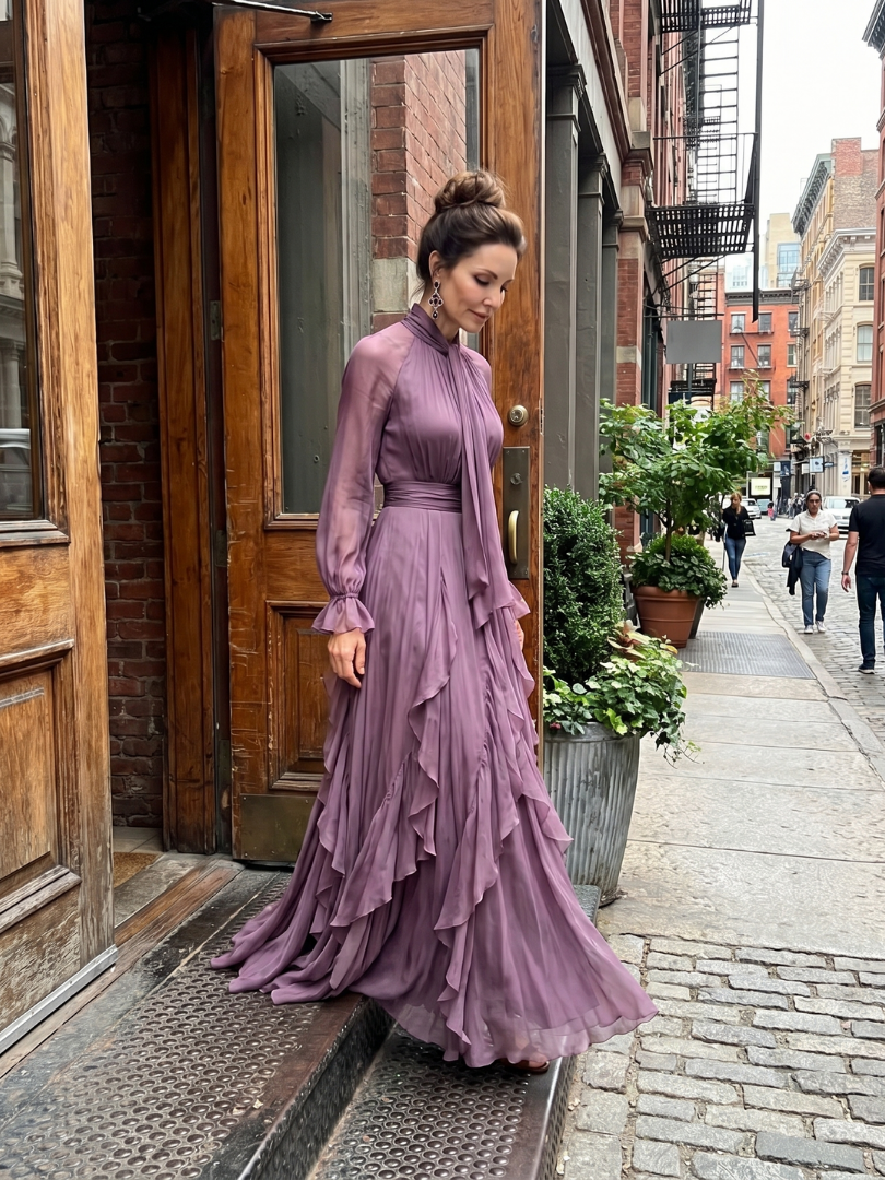 Demetria™ Tie Neck Ruffle Tiered Maxi Dress