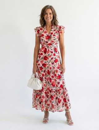 Lila™ Floral V-Neck Tiered Midi Dress