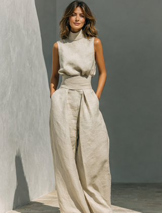 Maria - Complete with tank top and wide-leg cotton and linen minimalist outfit for women