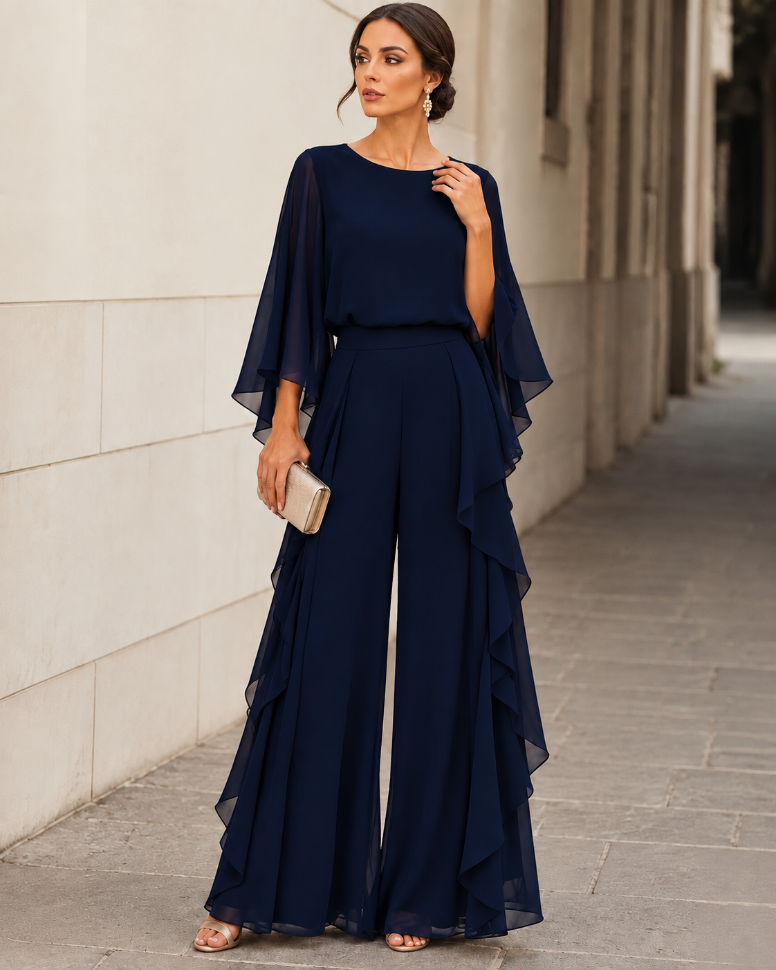 Lenorah™ Cape-Sleeve Top and Ruffled Skirt Two-Piece Set