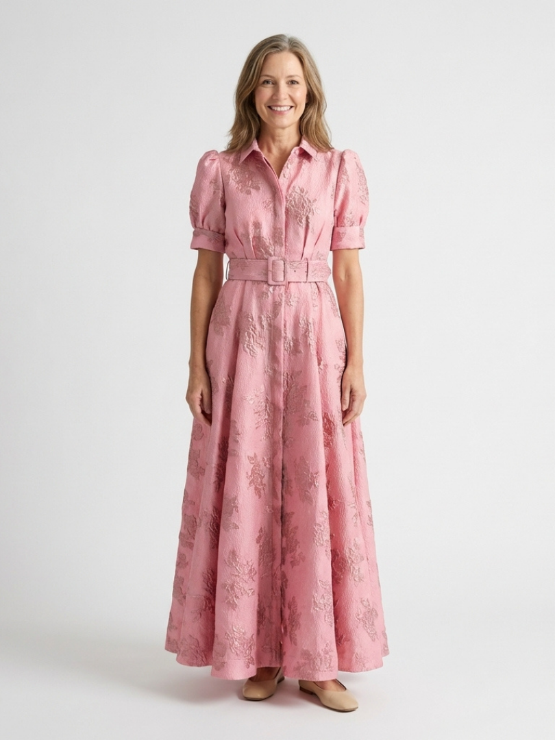 Xanthea™ Short Sleeve Belted Floral Textured Maxi Shirt Dress