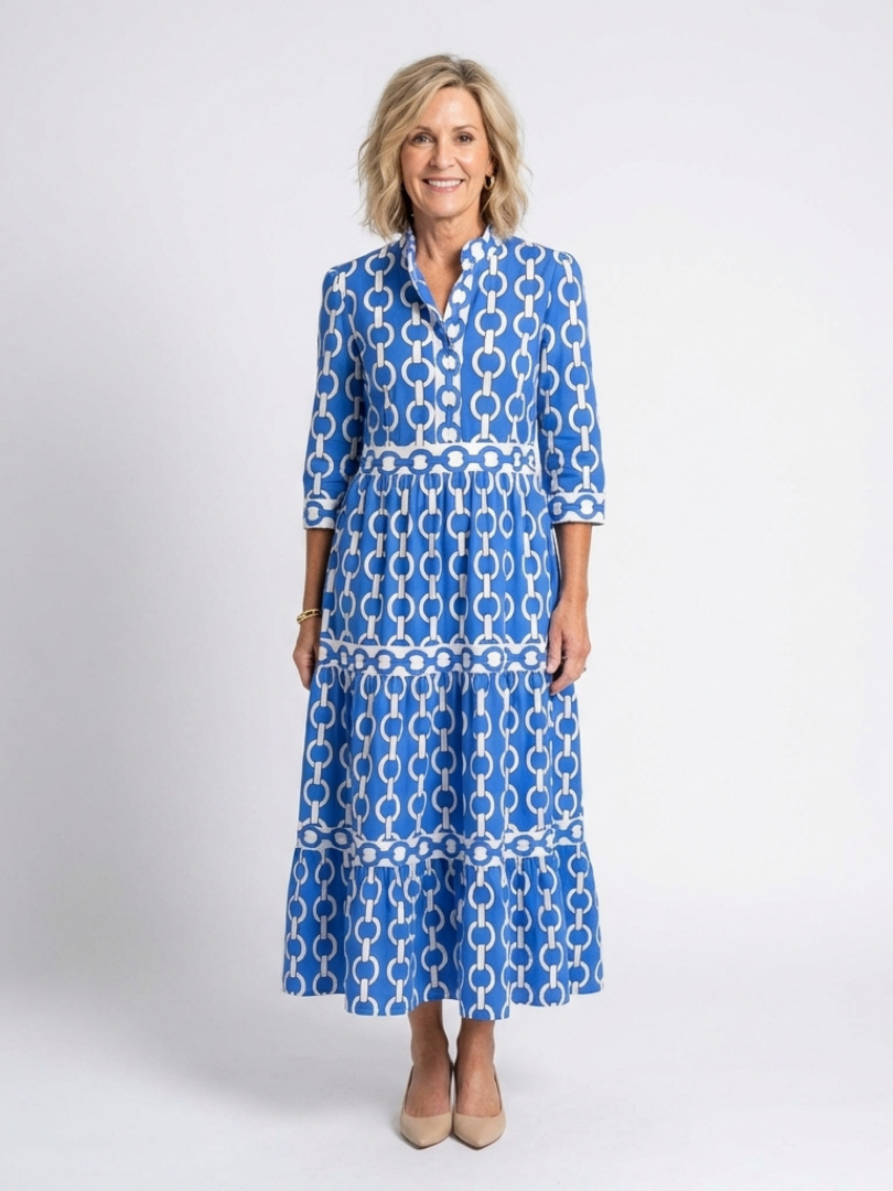 Ysolde™ Three Quarter Sleeve Chain Pattern Midi Dress