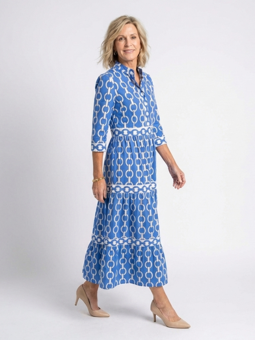 Ysolde™ Three Quarter Sleeve Chain Pattern Midi Dress