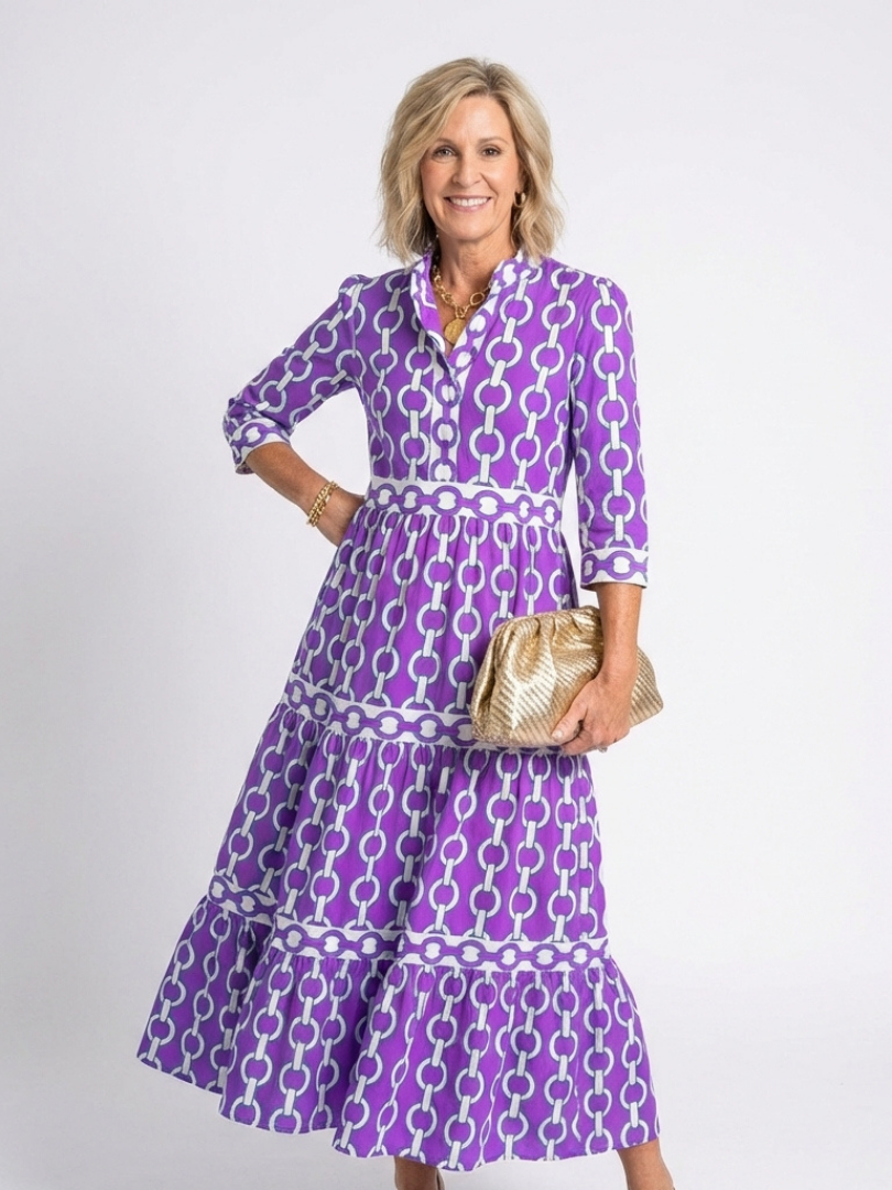 Ysolde™ Three Quarter Sleeve Chain Pattern Midi Dress