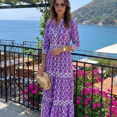 Ysolde™ Three Quarter Sleeve Chain Pattern Midi Dress