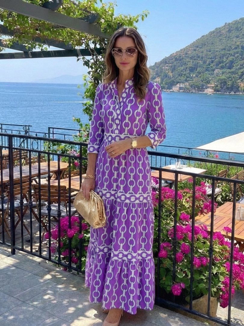 Ysolde™ Three Quarter Sleeve Chain Pattern Midi Dress