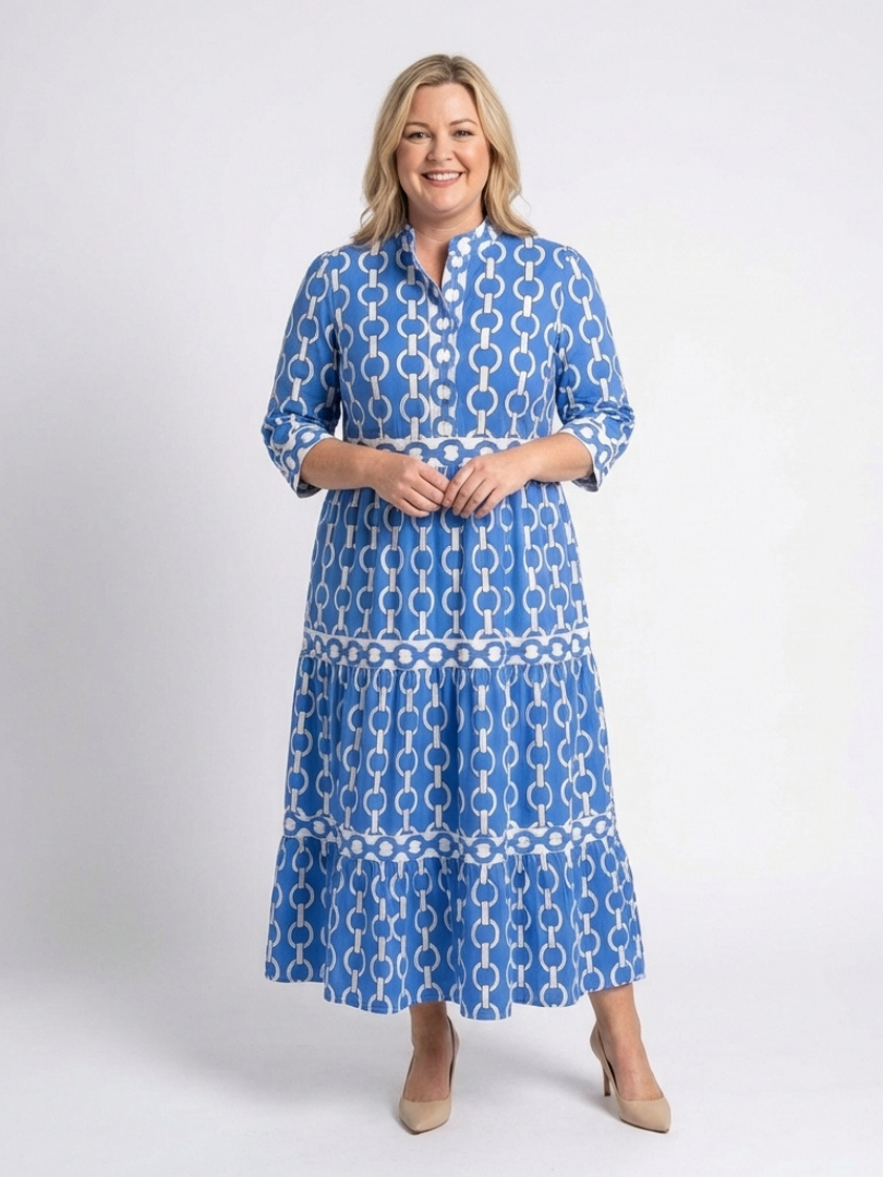 Ysolde™ Three Quarter Sleeve Chain Pattern Midi Dress