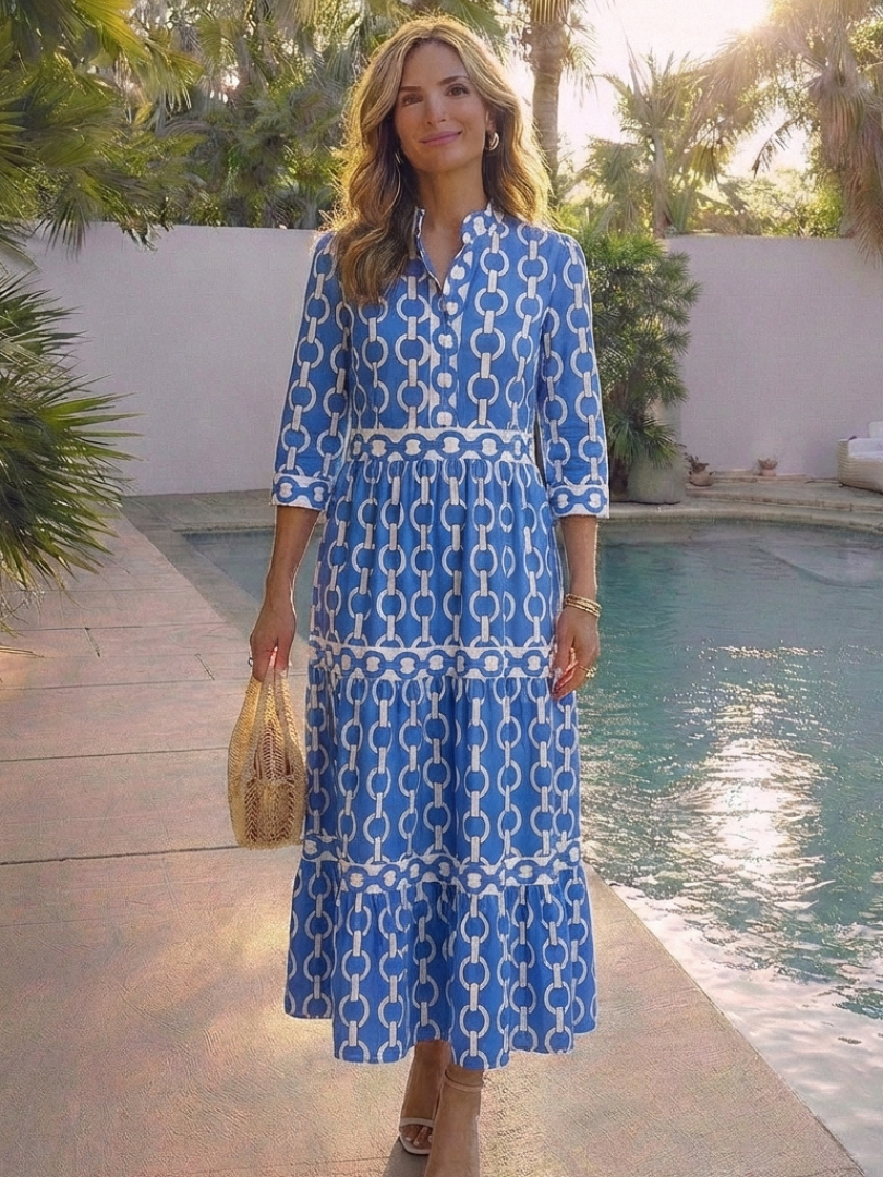 Ysolde™ Three Quarter Sleeve Chain Pattern Midi Dress