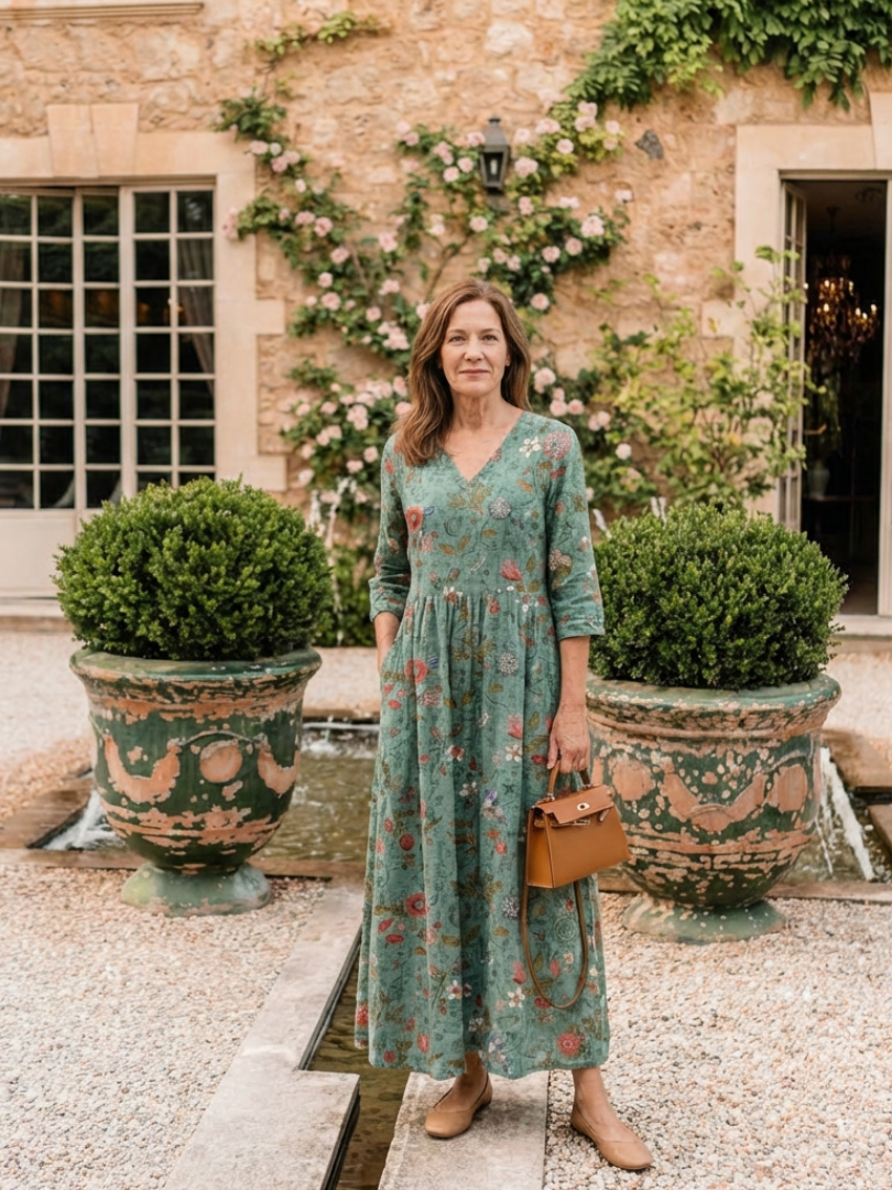 Marina™ Floral V Neck Three Quarter Sleeve Maxi Dress