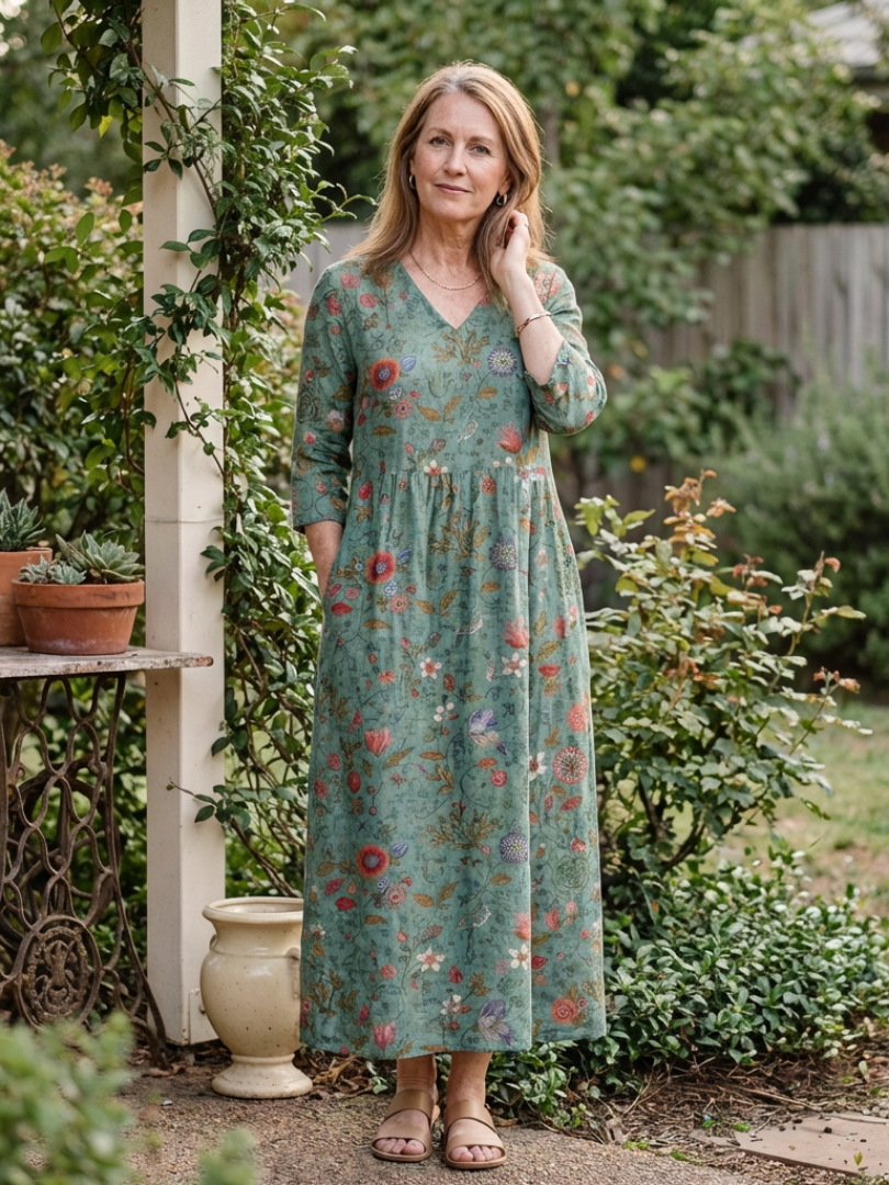 Marina™ Floral V Neck Three Quarter Sleeve Maxi Dress