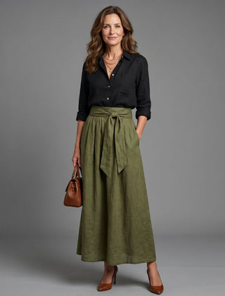 Vera™ Two Piece Set Black Blouse Olive Green Midi Skirt