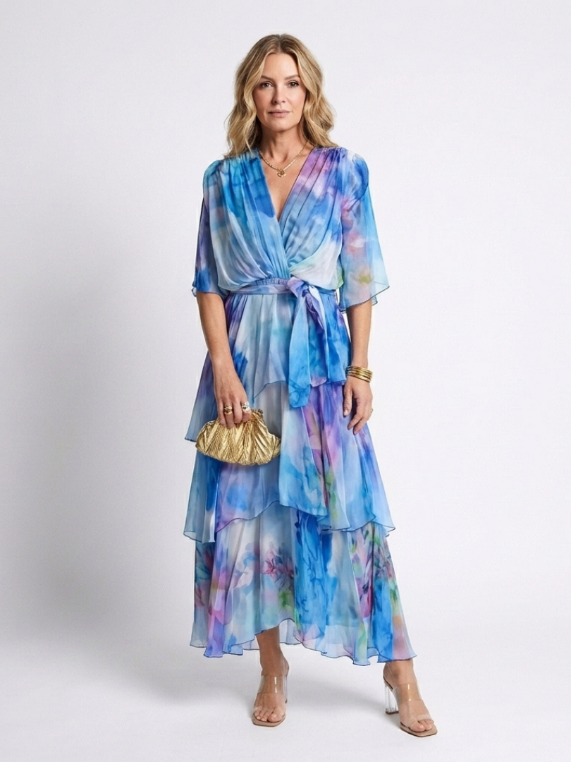 Calista™ Sheer Layered V Neck Tie Waist Maxi Dress