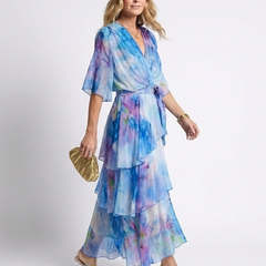 Calista™ Sheer Layered V Neck Tie Waist Maxi Dress