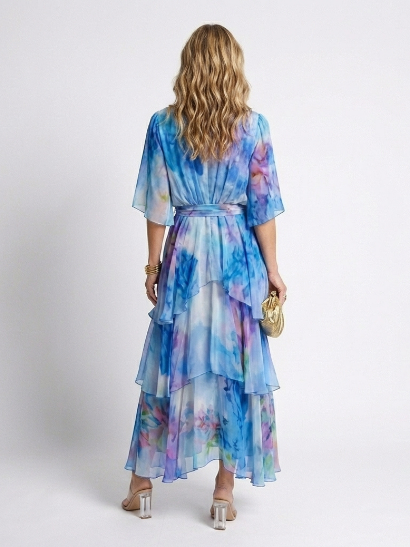 Calista™ Sheer Layered V Neck Tie Waist Maxi Dress